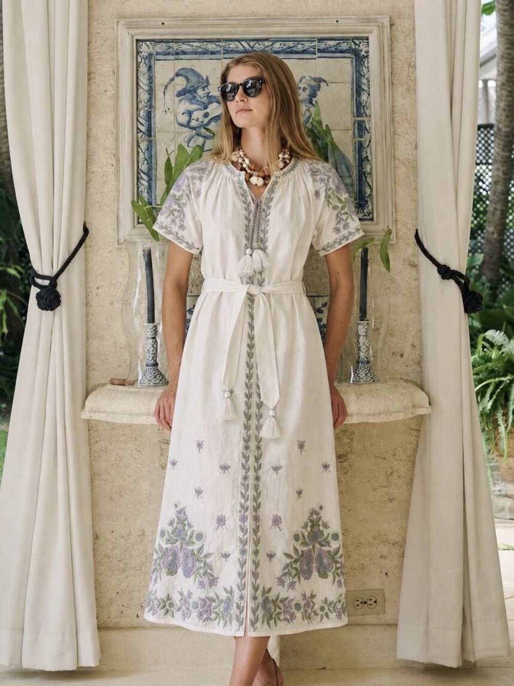 New NWT Julia Amory x AERIN Dress Embroidered Floral Caftan Tunic Midi Dress - Picture 3 of 13